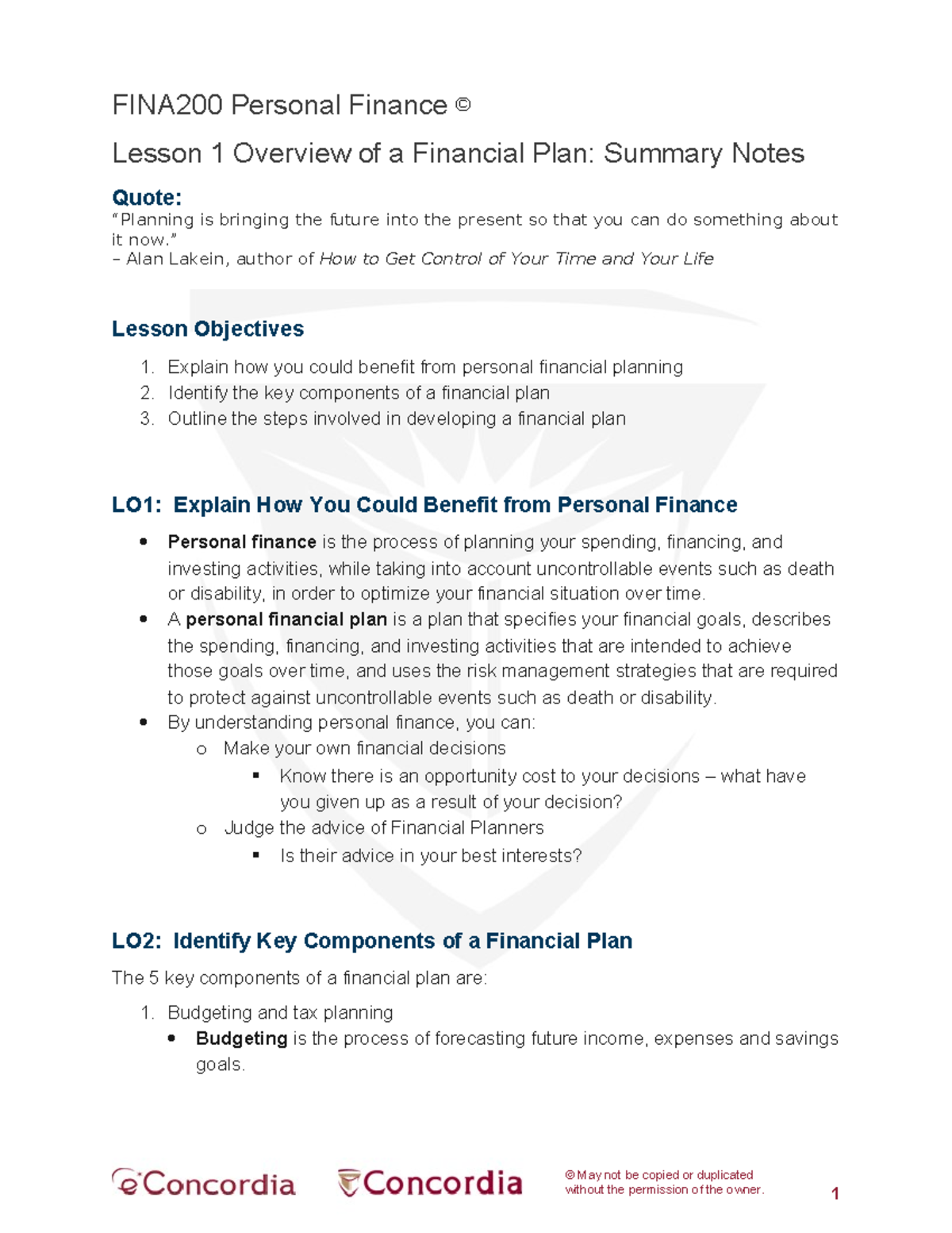 FINA200 Personal Finance Lesson 1: Financial Plan Overview & Summary ...