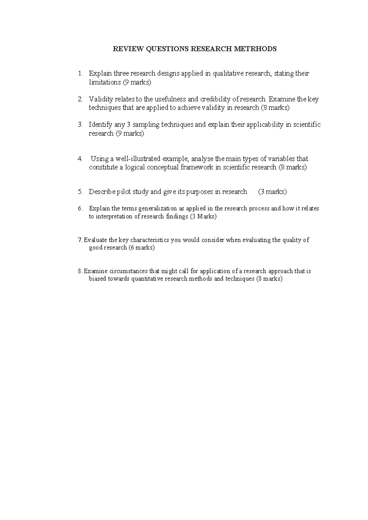 Review Questions on Research Methods RM ABCU001 - Studocu