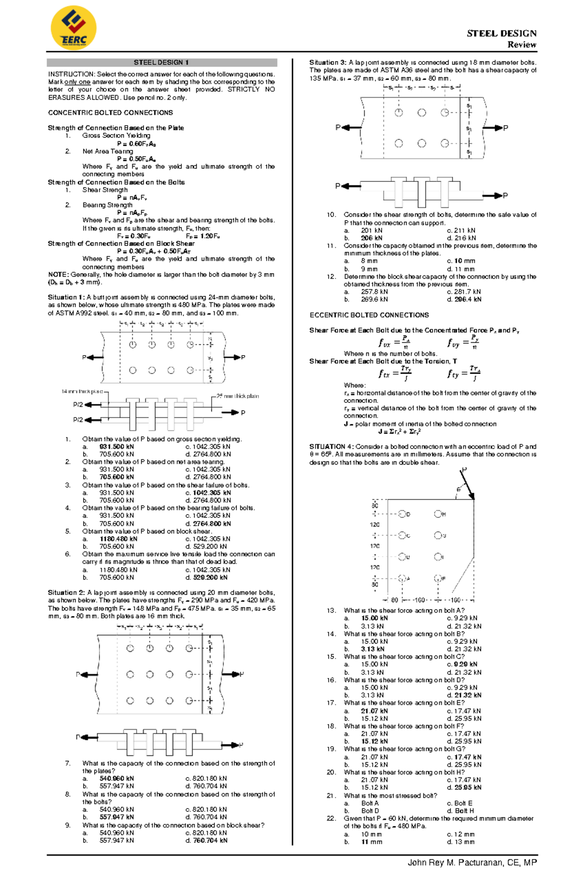 Steel Design Sample Questions Review - CE 101 - Studocu