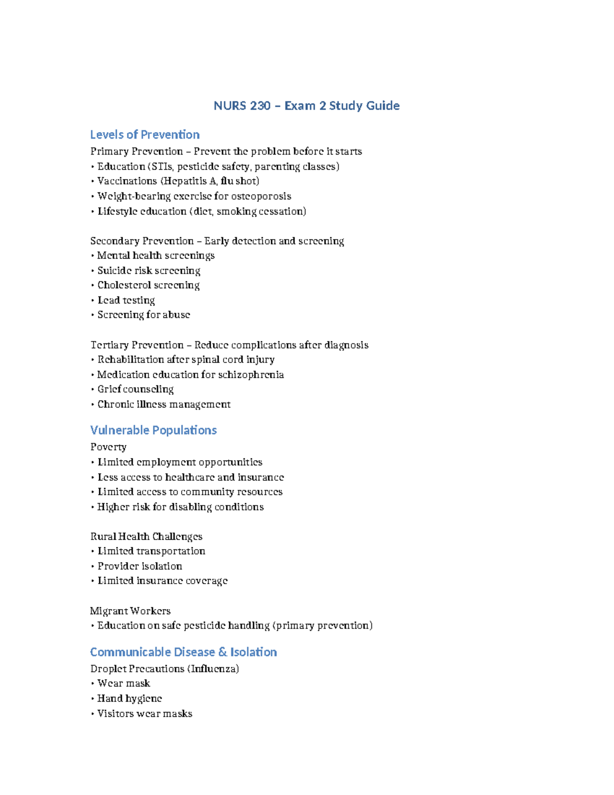 NURS 230 Exam 2 Study Guide: Levels of Prevention & Ethics - Studocu