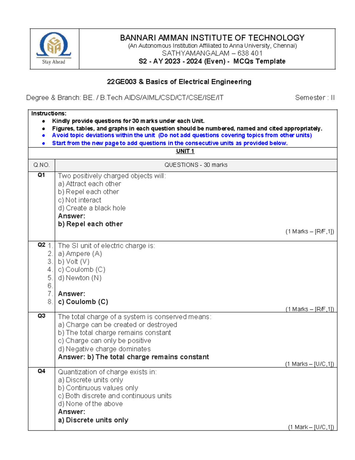 22GE003 MCQ Template for Fundamentals of Electrical Engineering Units 1 ...