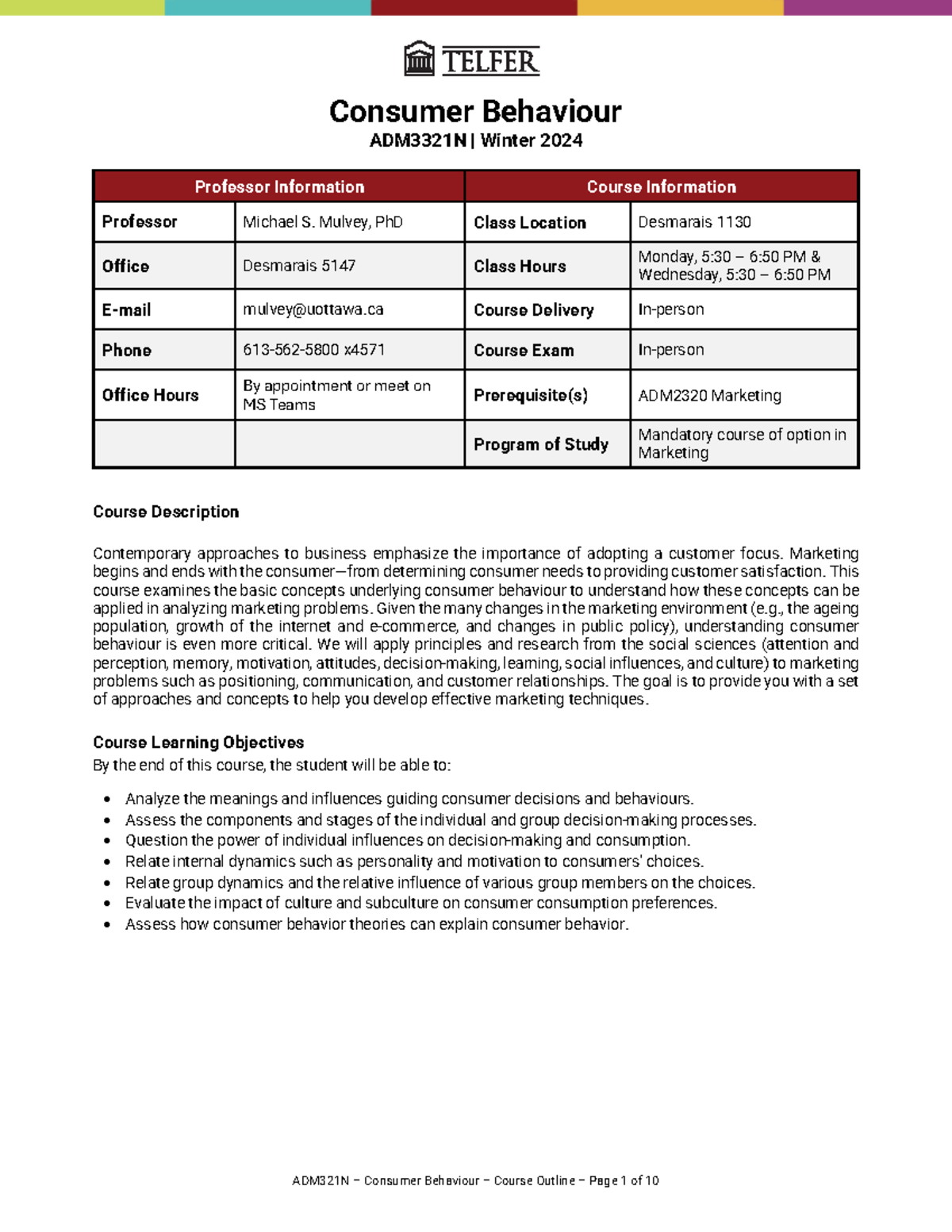 ADM 3321 Winter 2024 Course Outline - Consumer Behaviour ADM3321N ...