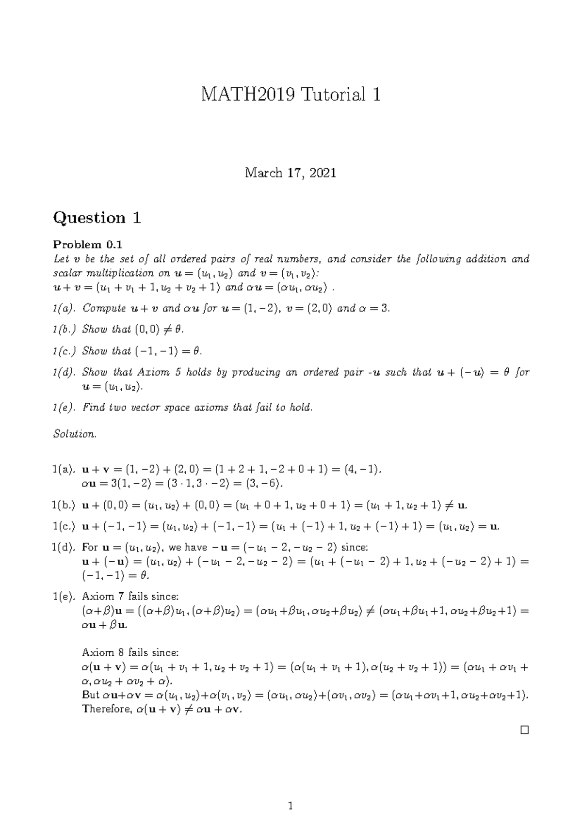 MATH2019 Tutorial 1 Solutions and Vector Space Problems - Studocu