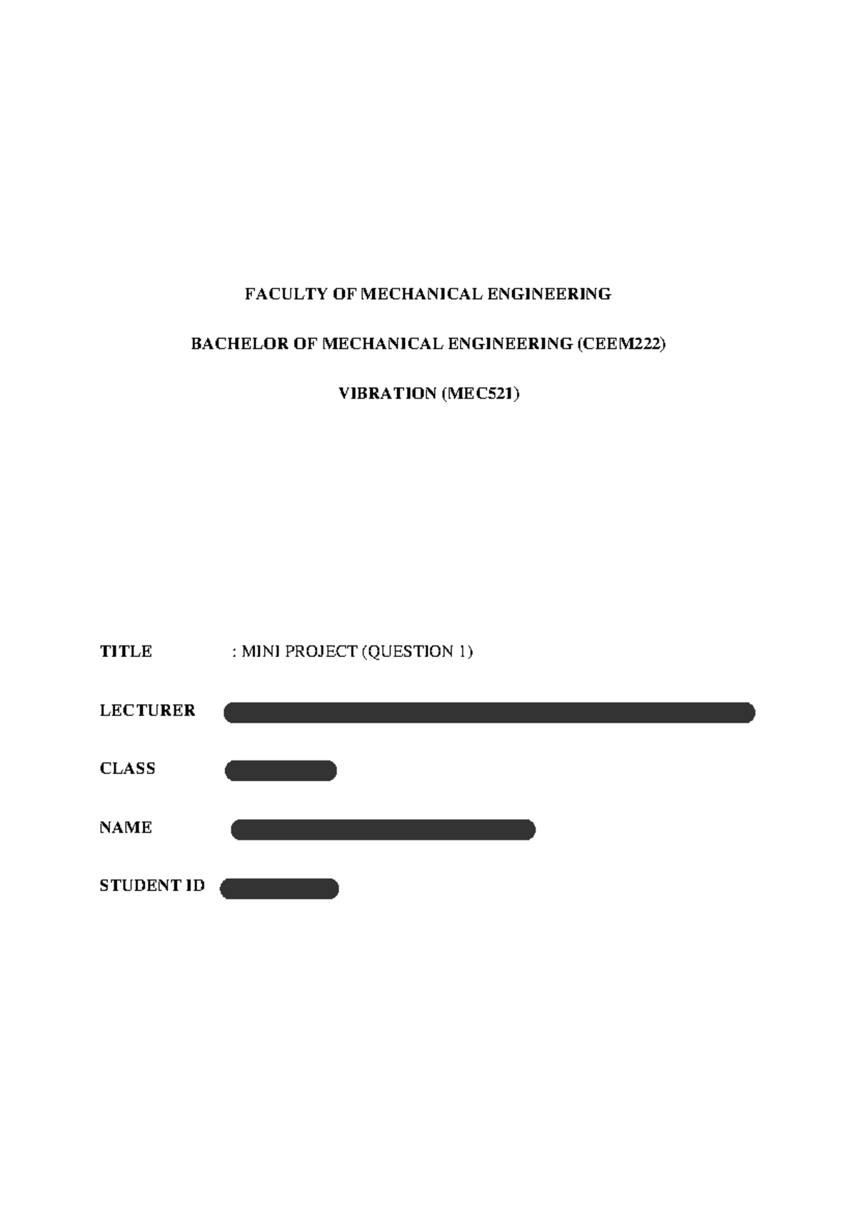 MINI Project Analysis of Vibration in Mechanical Systems (MEC521) - Studocu