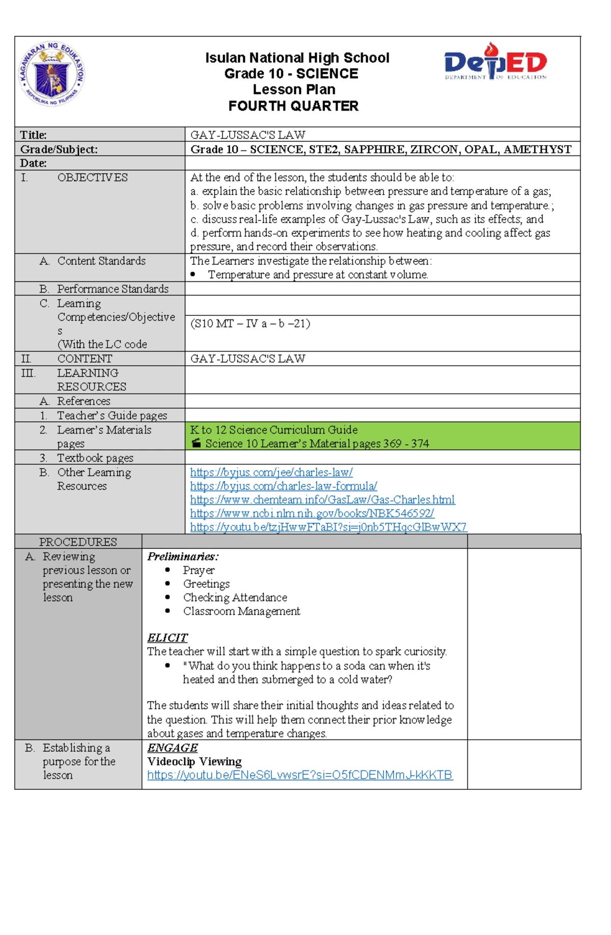 Science 10 Lesson Plan: Understanding Gas Laws and Proportionality ...