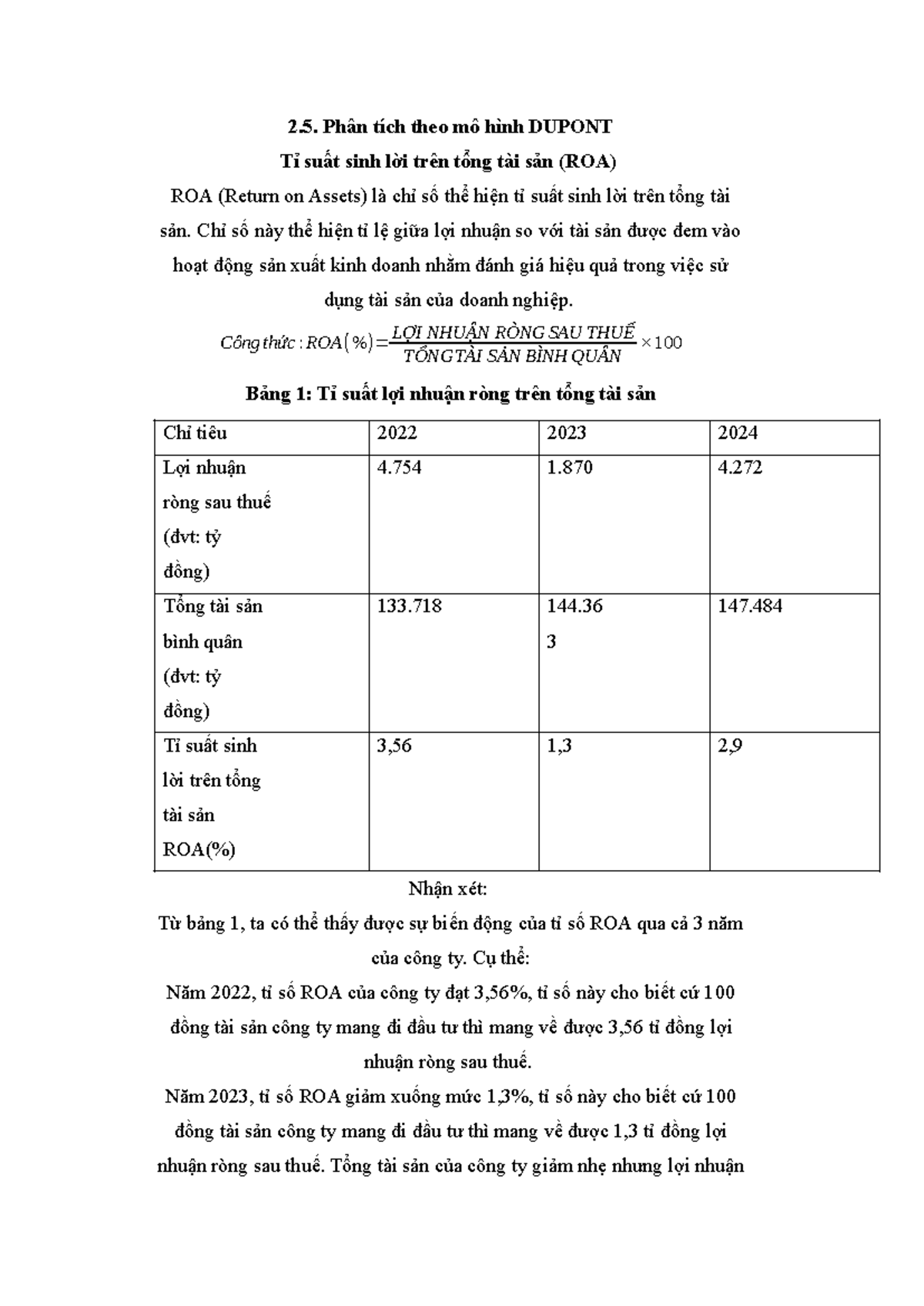 Phân tích mô hình DUPONT: Tỉ suất sinh lời ROA & ROE - Studocu