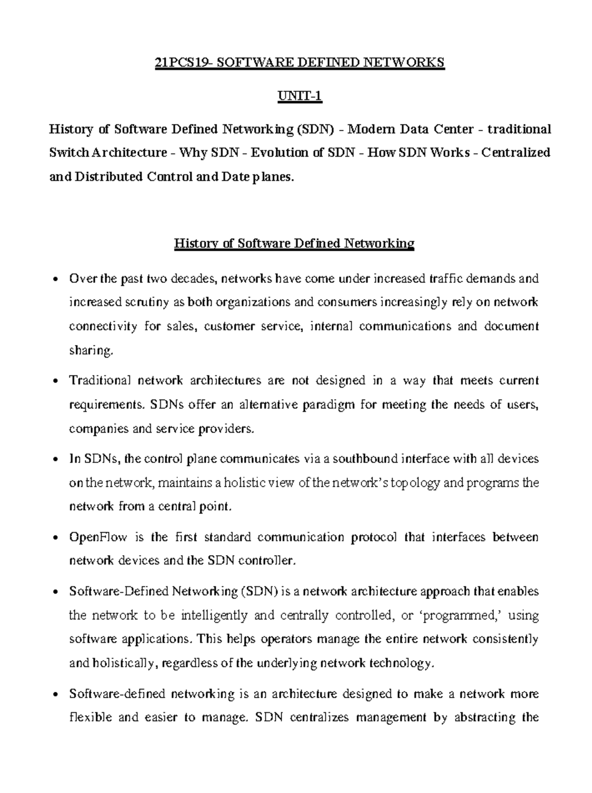 21PCS19 Unit-1 Software Defined Networks - Lecture Notes Overview - Studocu