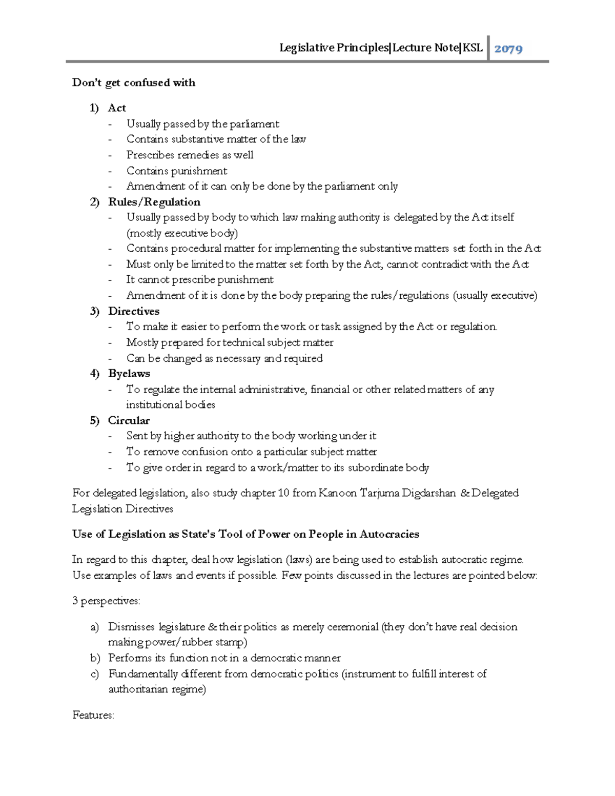 Legislative Principles: Insights from Lecture Notes (Course Code ...