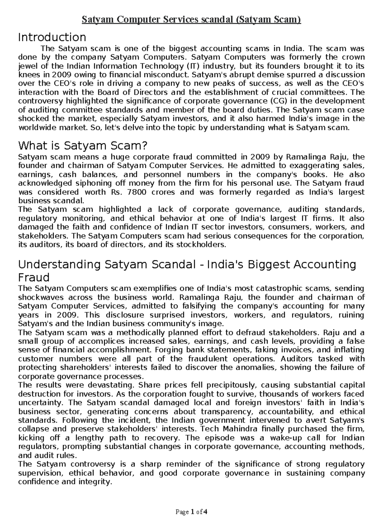 Satyam Computers Services Scam - Case Study Analysis (ECO 101) - Studocu