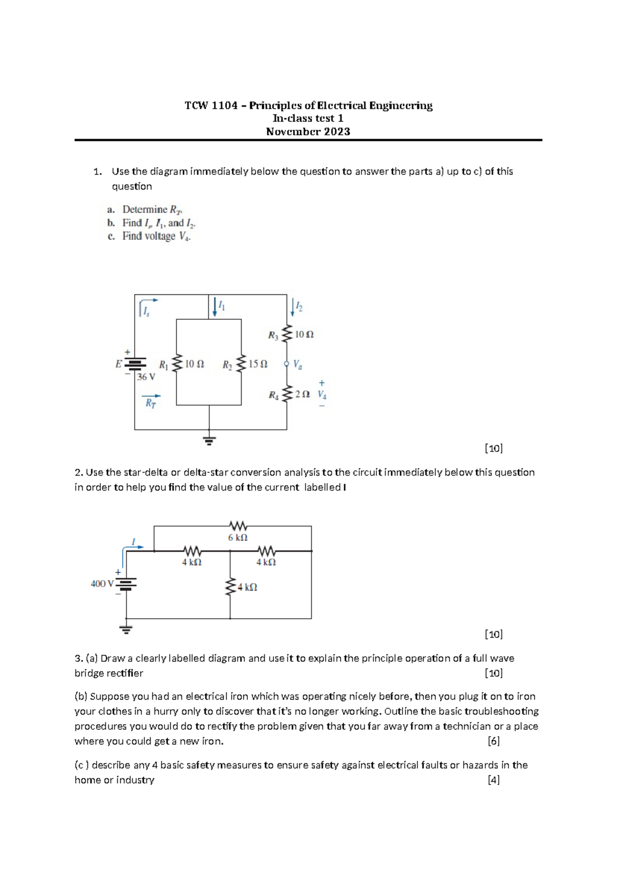TCW 1104 Principles of Electrical Engineering Test 1 - Nov 2023 - Studocu