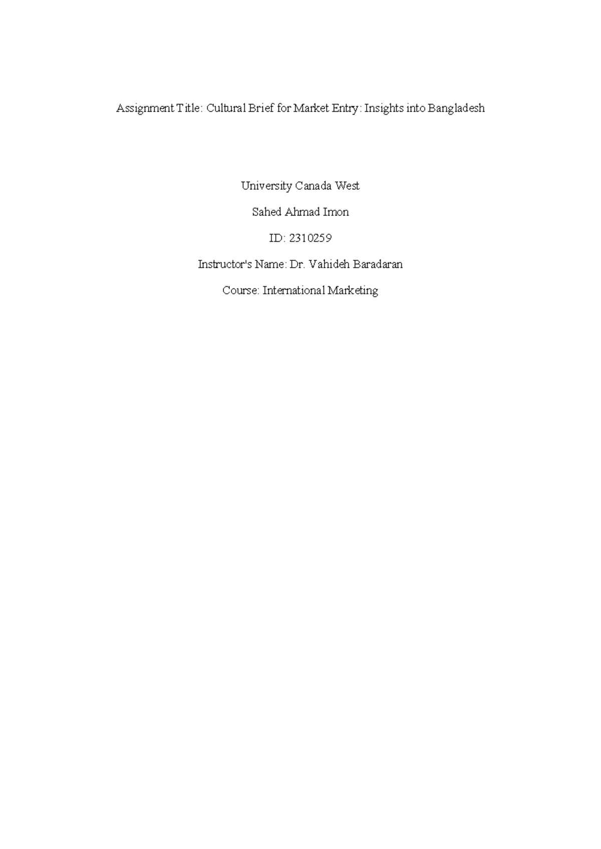 International Marketing - Assignment Title: Cultural Brief for Market ...
