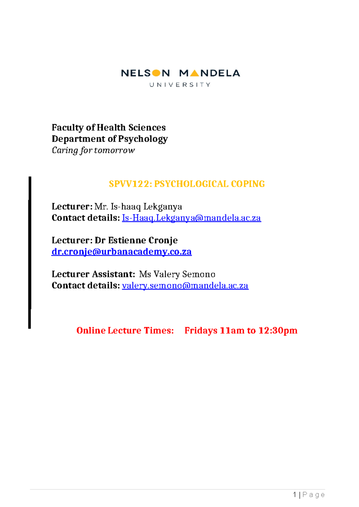 SPVV122 2024 Course Outline: Psychological Coping Module Details - Studocu