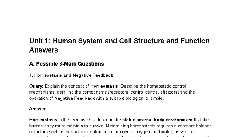 Unit 1: Human System & Cell Structure - Key Concepts & Answers - Studocu