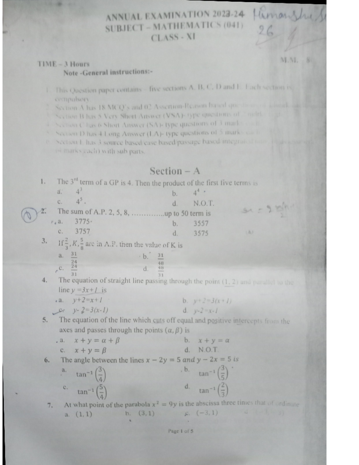 Maths annual paper - Very best - ANNUAL EXAMINATION Himanshise SUBJECT ...