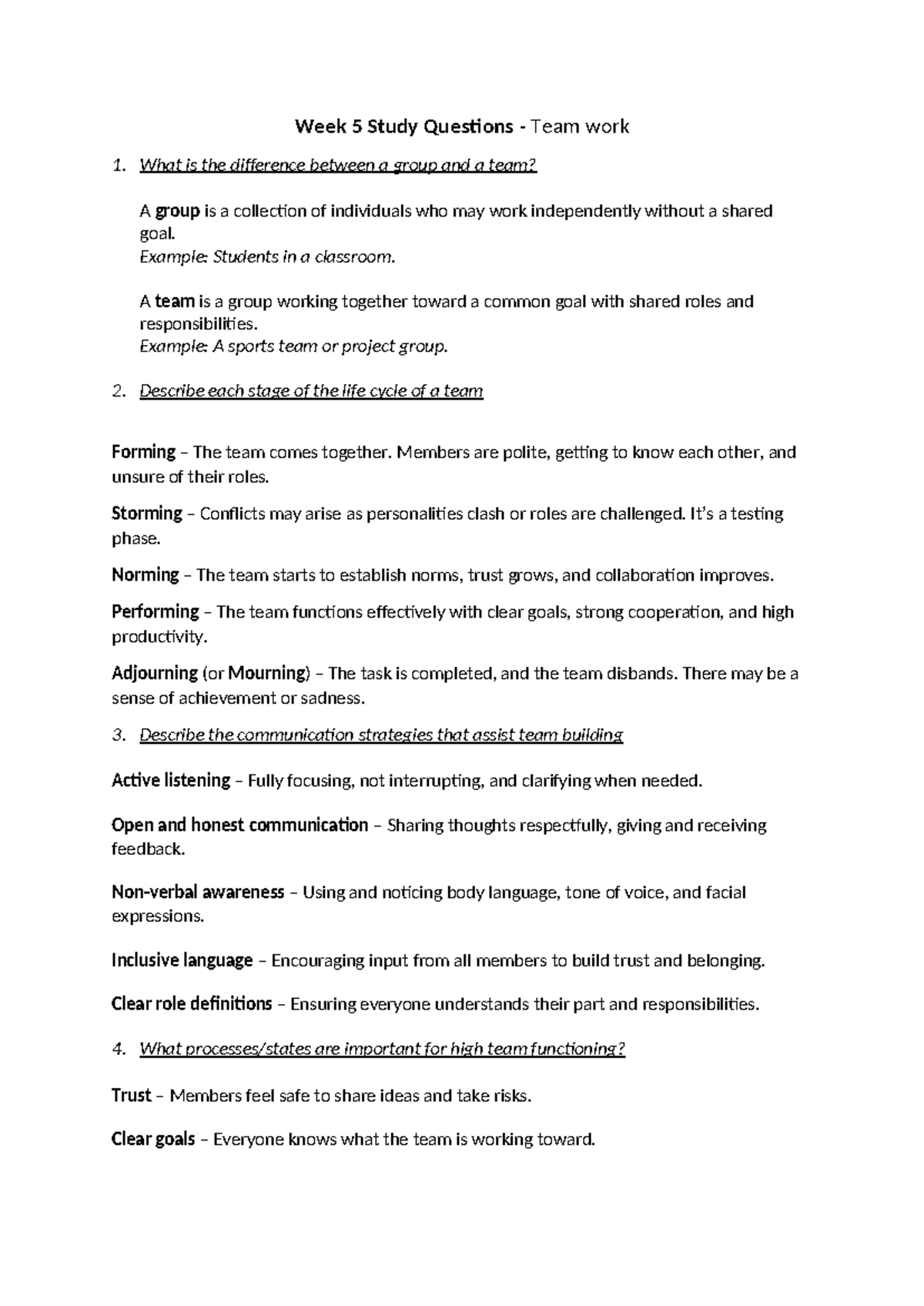 Week 5 Study Questions - Teamwork Concepts and Strategies Recap - Studocu