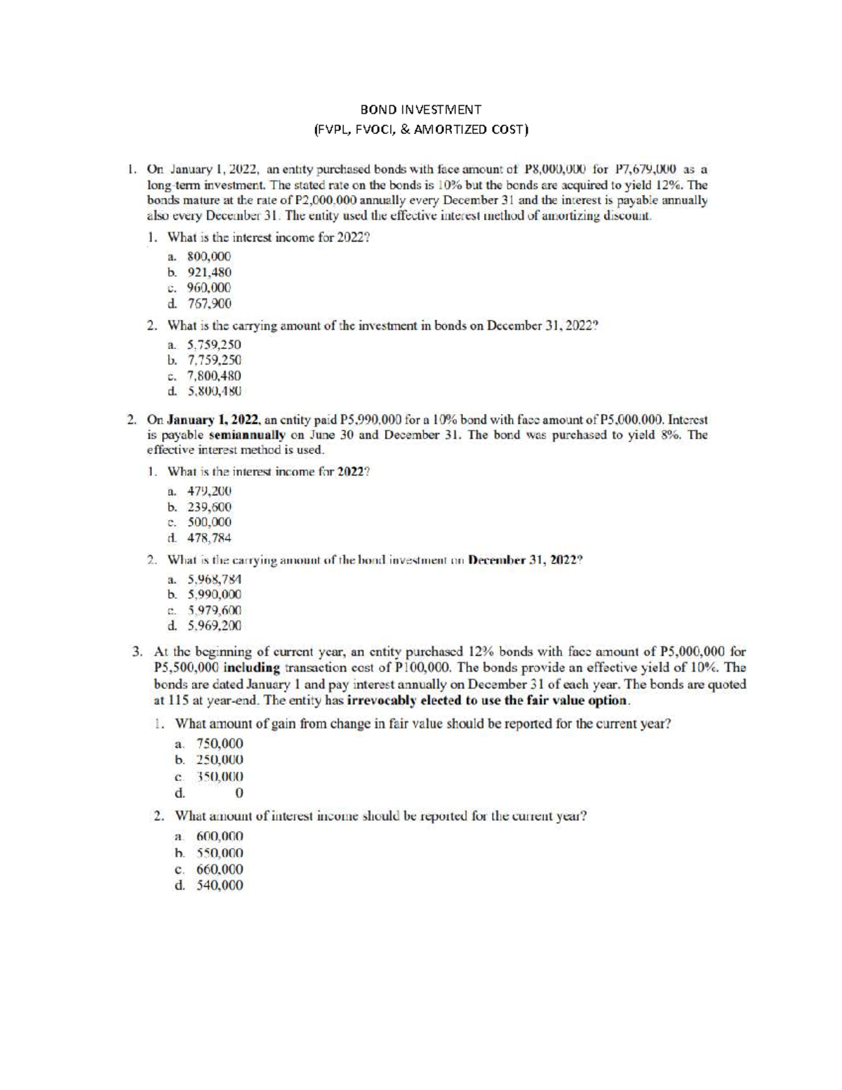 BOND INVESTMENT - FVPL, FVOCI, AMORTIZED COST Study Guide - Studocu