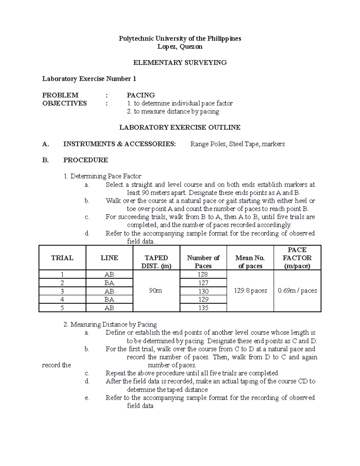 Lab Exercise 1: Pacing in Elementary Surveying (ESP 101) - Studocu