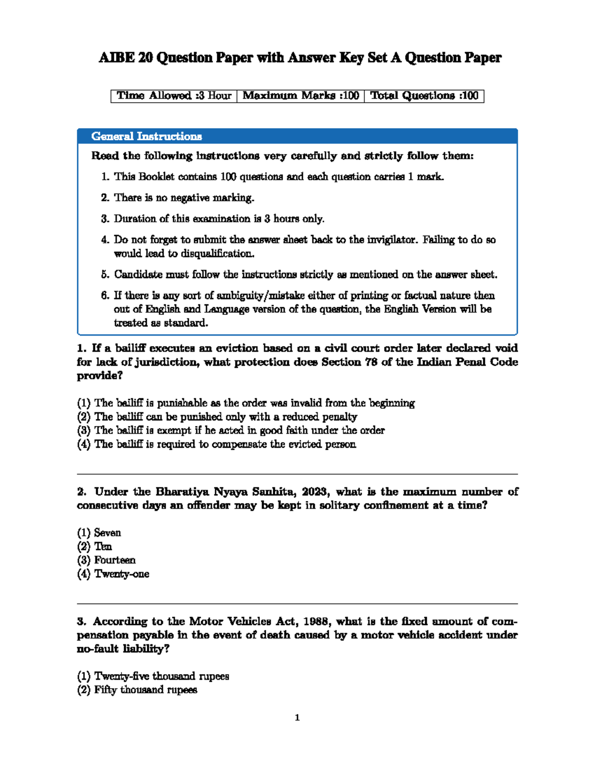 AIBE 20 Question Paper with Answer Key - Set A (3 Hours, 100 Marks ...