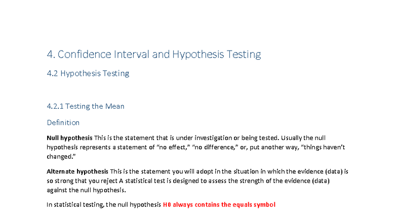 4.2 Hypothesis Testing Review: Confidence Intervals & Tests - Studocu