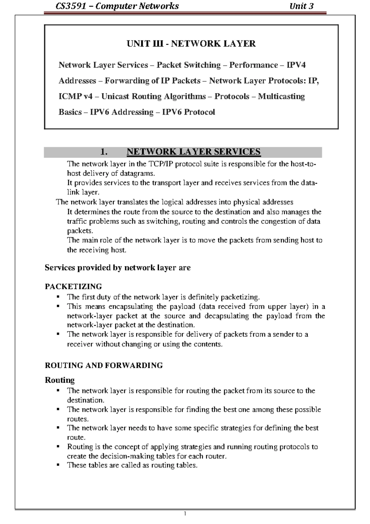 CS3591 Computer Networks Unit 2: Transport Layer Overview and Protocols ...