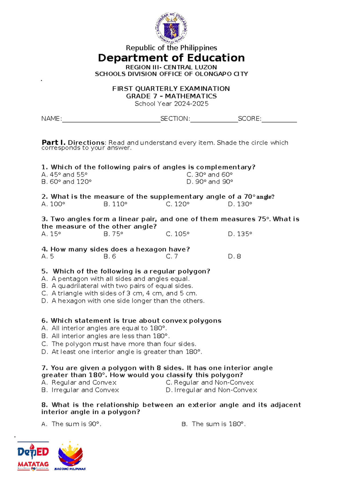 MATH 7 Q1 Quarterly Exam Review - Matatag Curriculum 2024 - Studocu