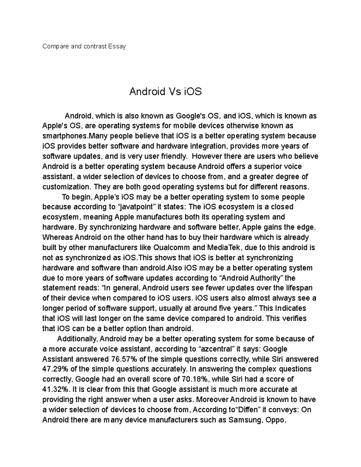 Comparative Essay: Android Vs iOS Analysis - Studocu