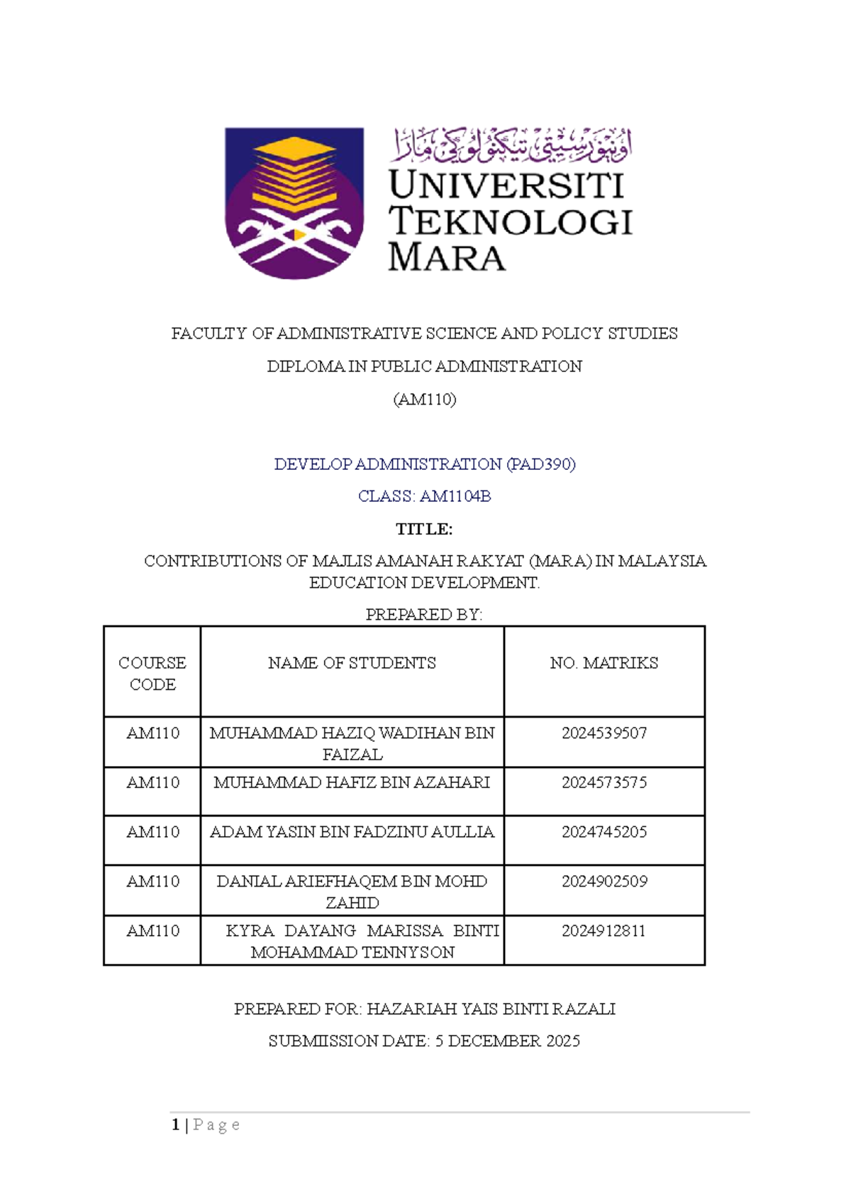PAD390 (MARA) Report: Contributions of MARA to Malaysia's Education ...
