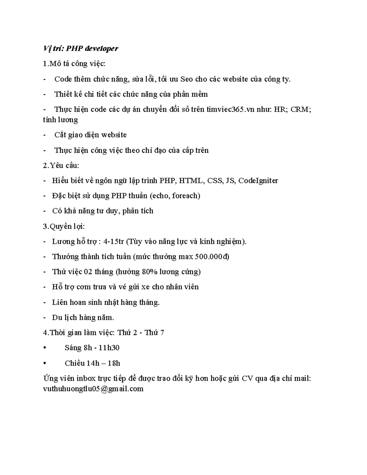 PHP Developer Job Description - Position tại timviec365 - Studocu