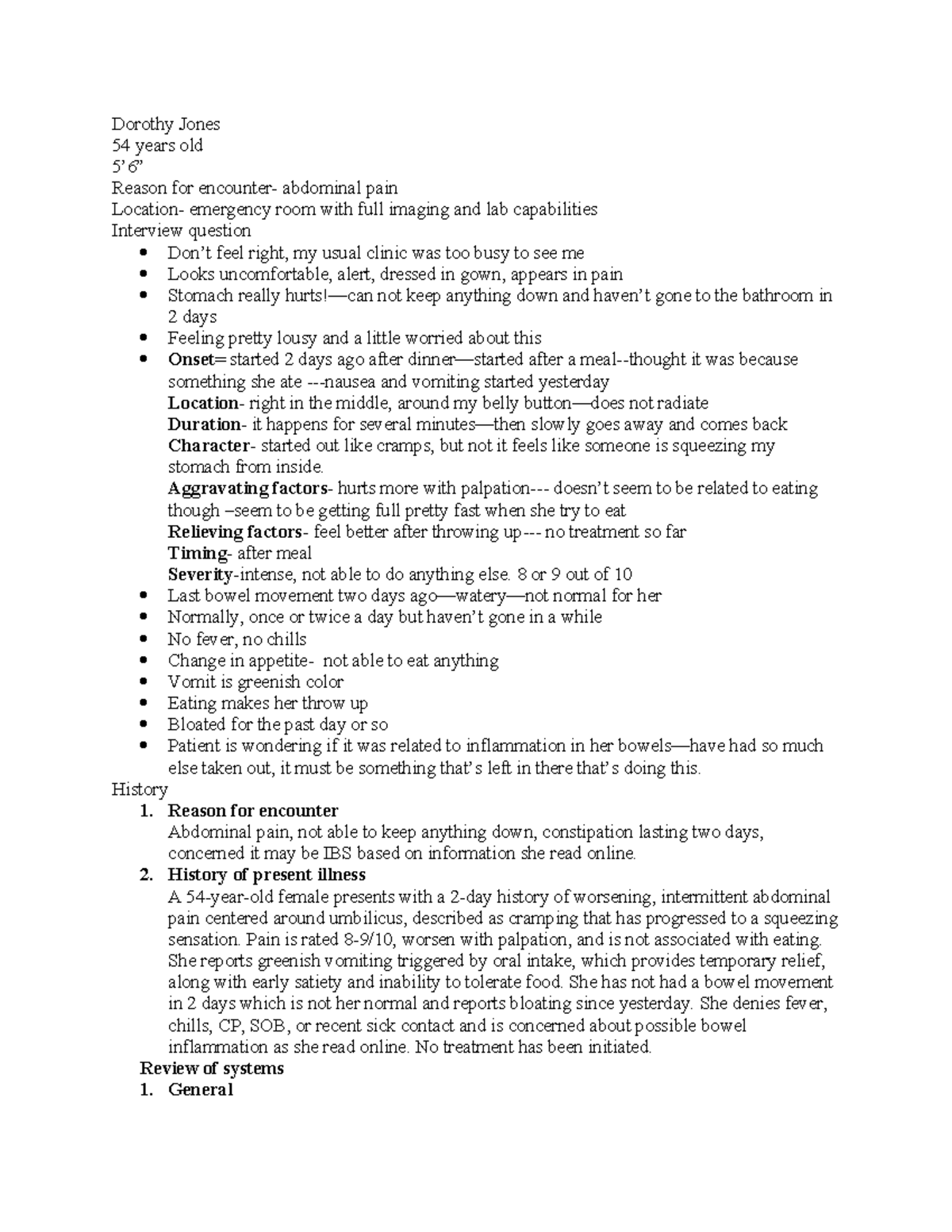 Week 5 iHuman Case Study: Abdominal Pain in 54-Year-Old Female - Studocu