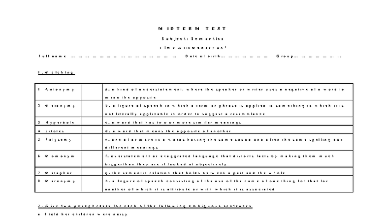 72479715 Sample Semantics Mid Term Test - 0,'7(50 7(67 6XEMHFW ...