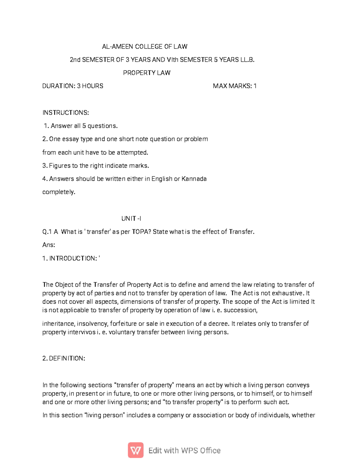 ALAMEEN COLLEGE OF LAW 2nd SEMESTER PROPERTY LAW FINAL EXAM NOTES - Studocu
