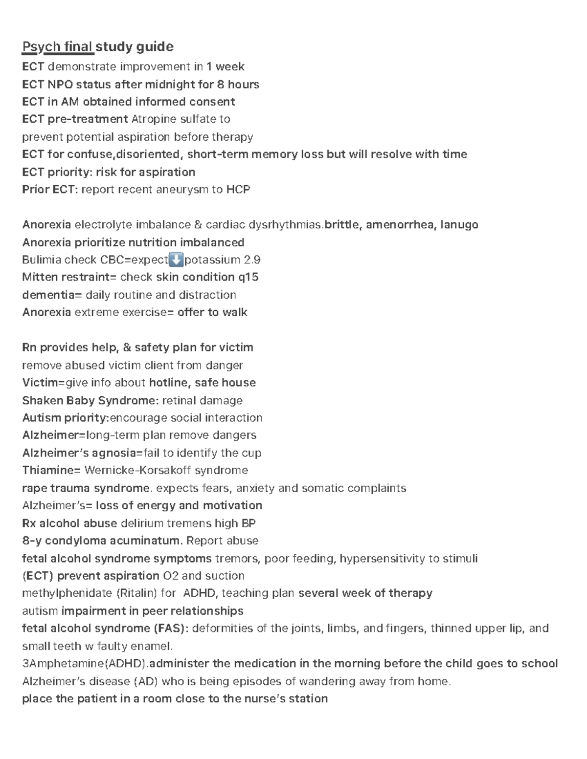 Psych 101 Final Exam Study Guide: ECT, Anorexia, Autism & More - Studocu