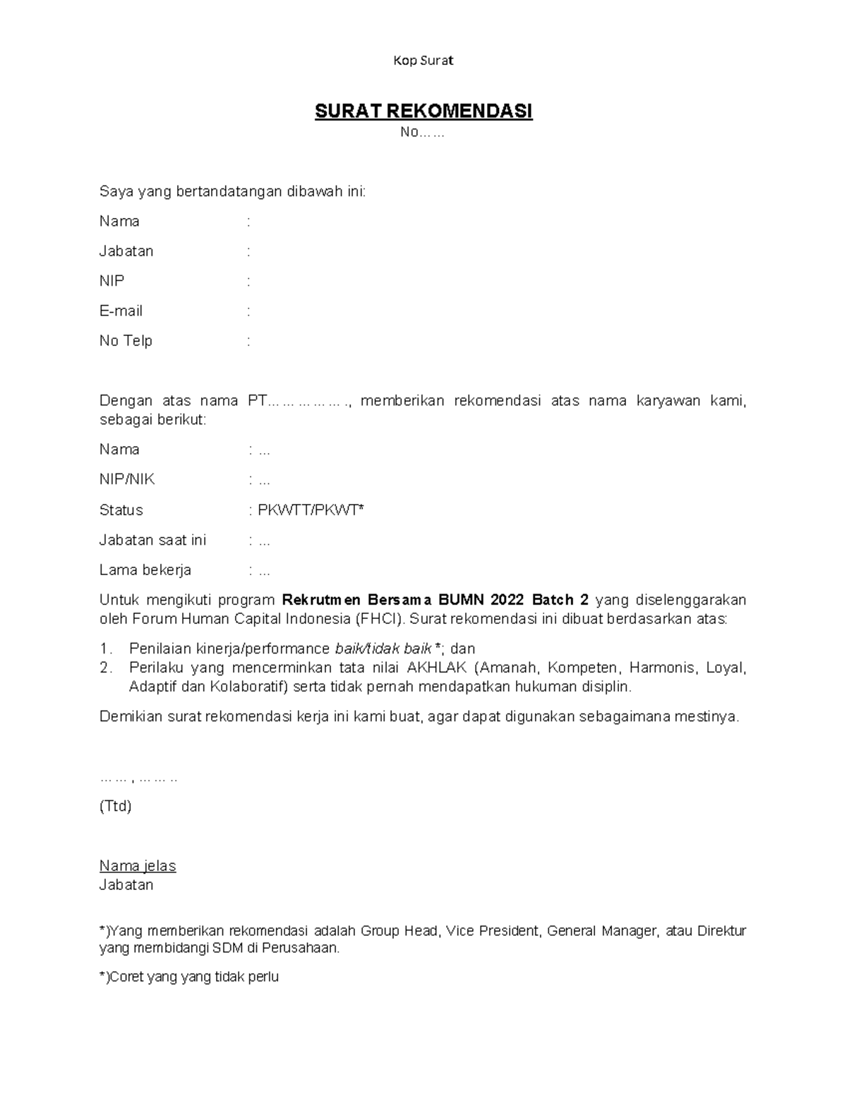 Template Surat Rekomendasi Karyawan untuk Rekrutmen BUMN 2022 - Studocu