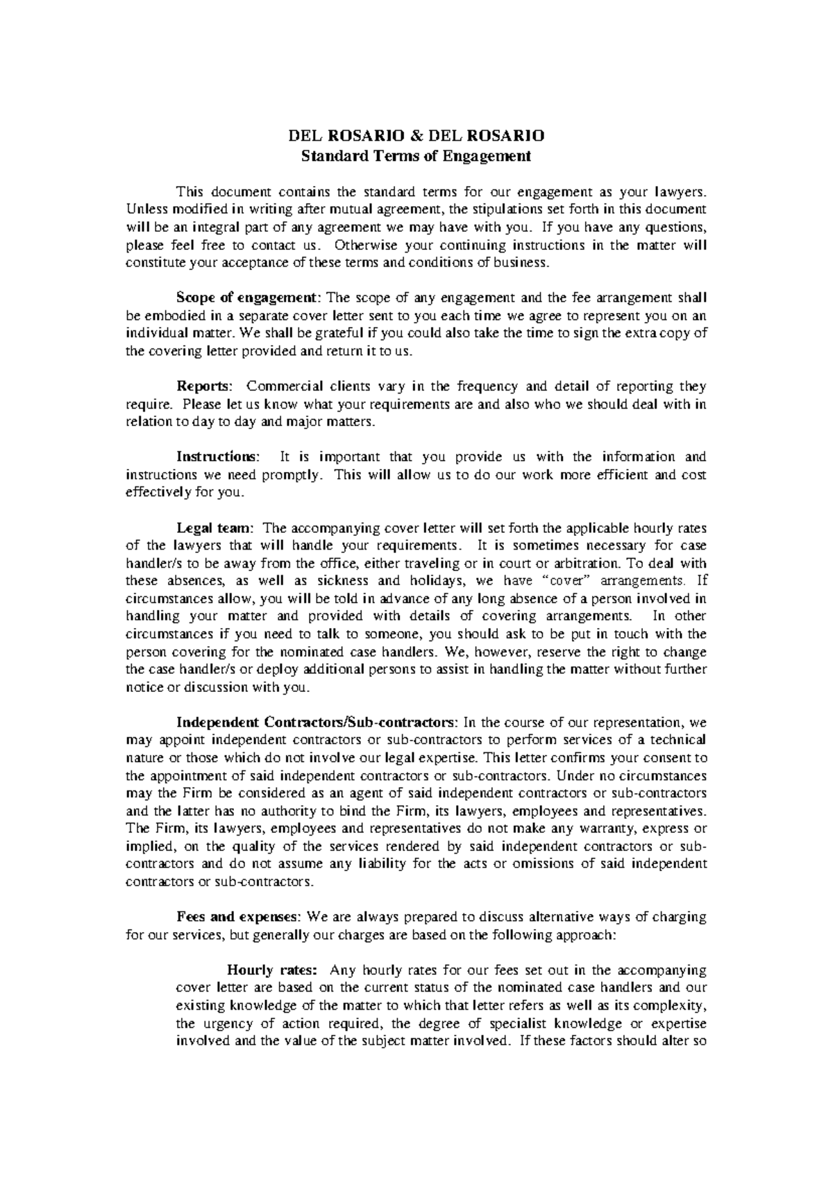 Standard Terms of Engagement - Del Rosario Law - Studocu