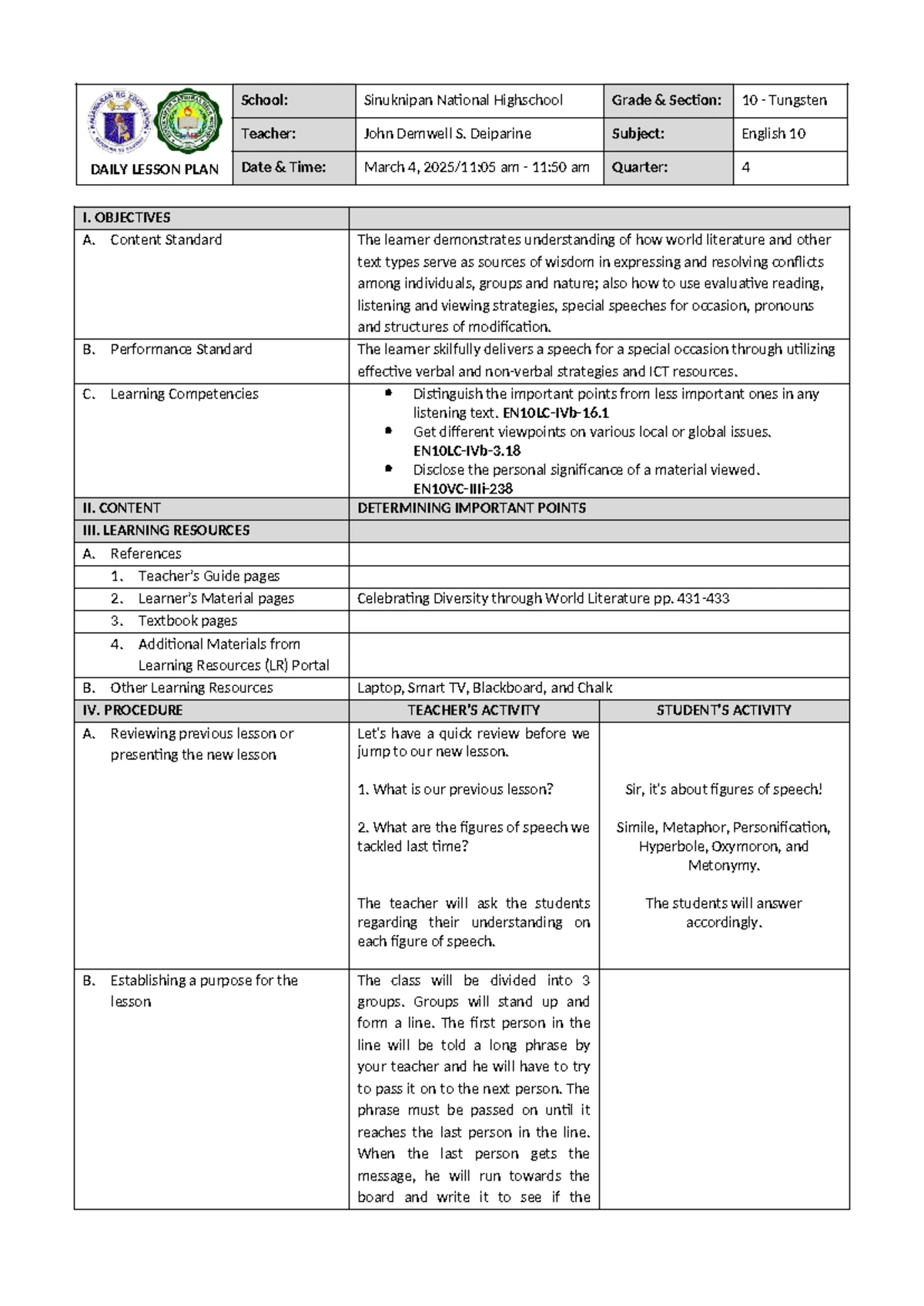 Detailed Lesson Plan in Math 9: Understanding Proportion Concepts - Studocu