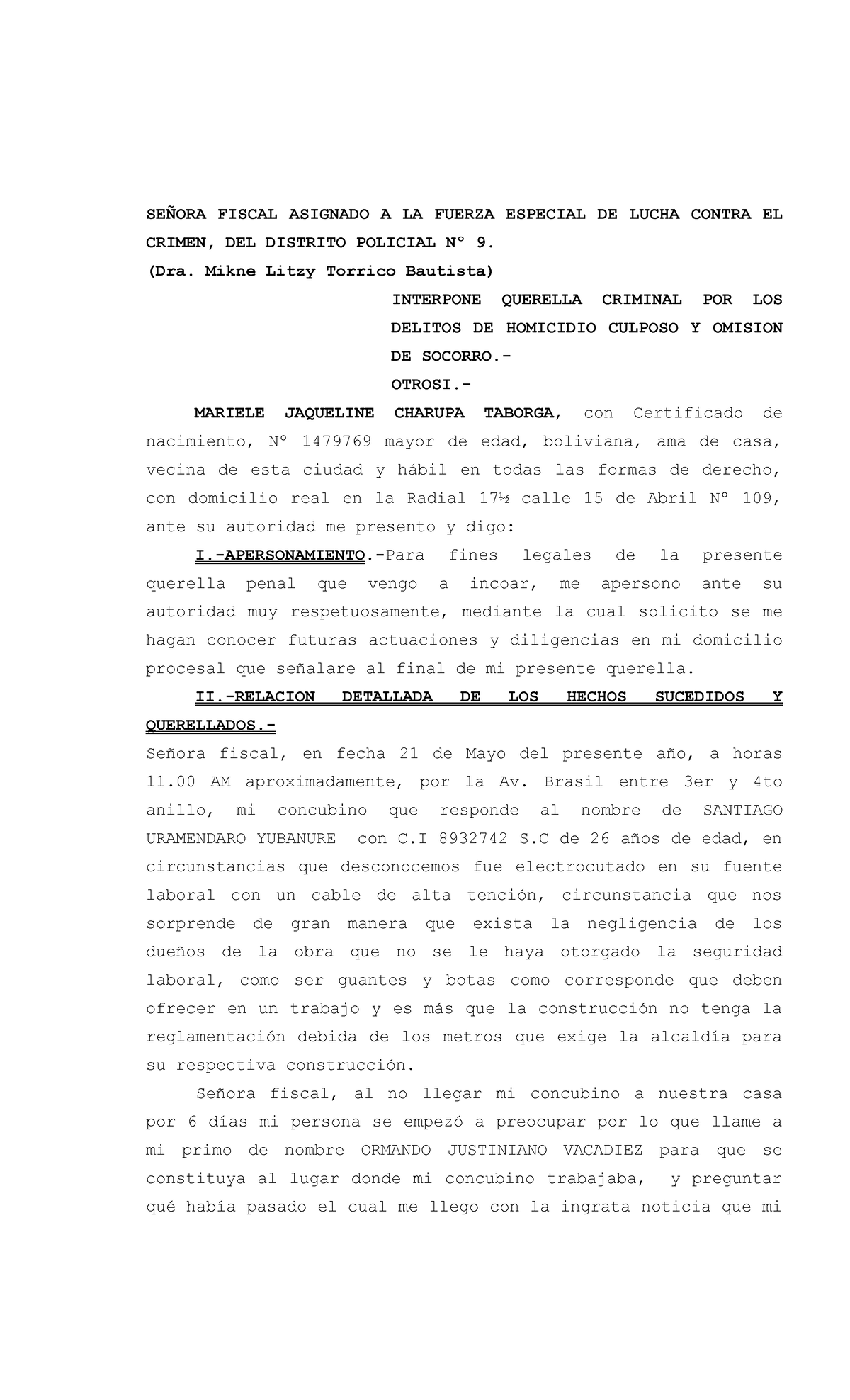 Modelo DE Querella POR LOS Delitos DE Homicidio Culposo Y Omision DE ...