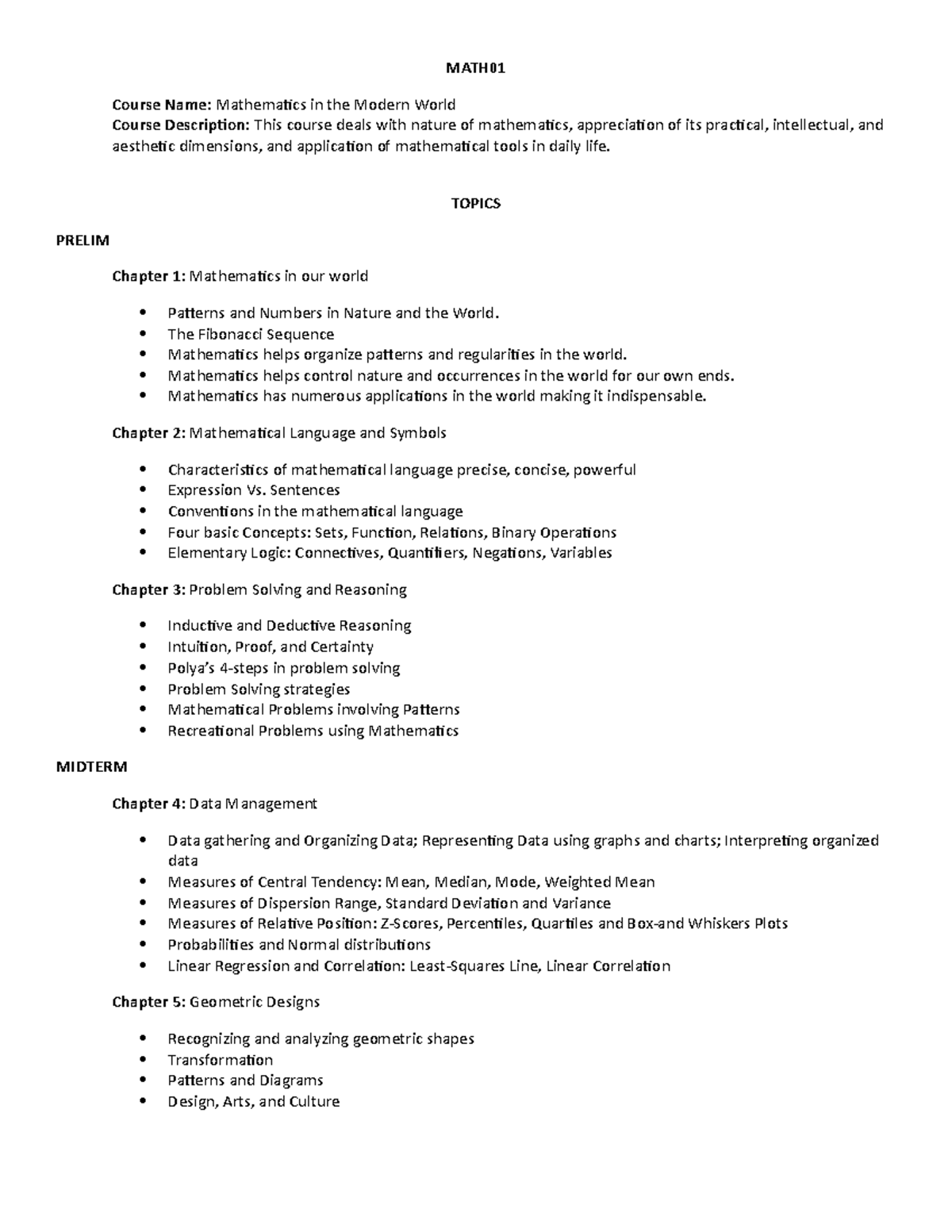 MATH01-Mathematics in the Modern World Course Syllabus & Topics - Studocu