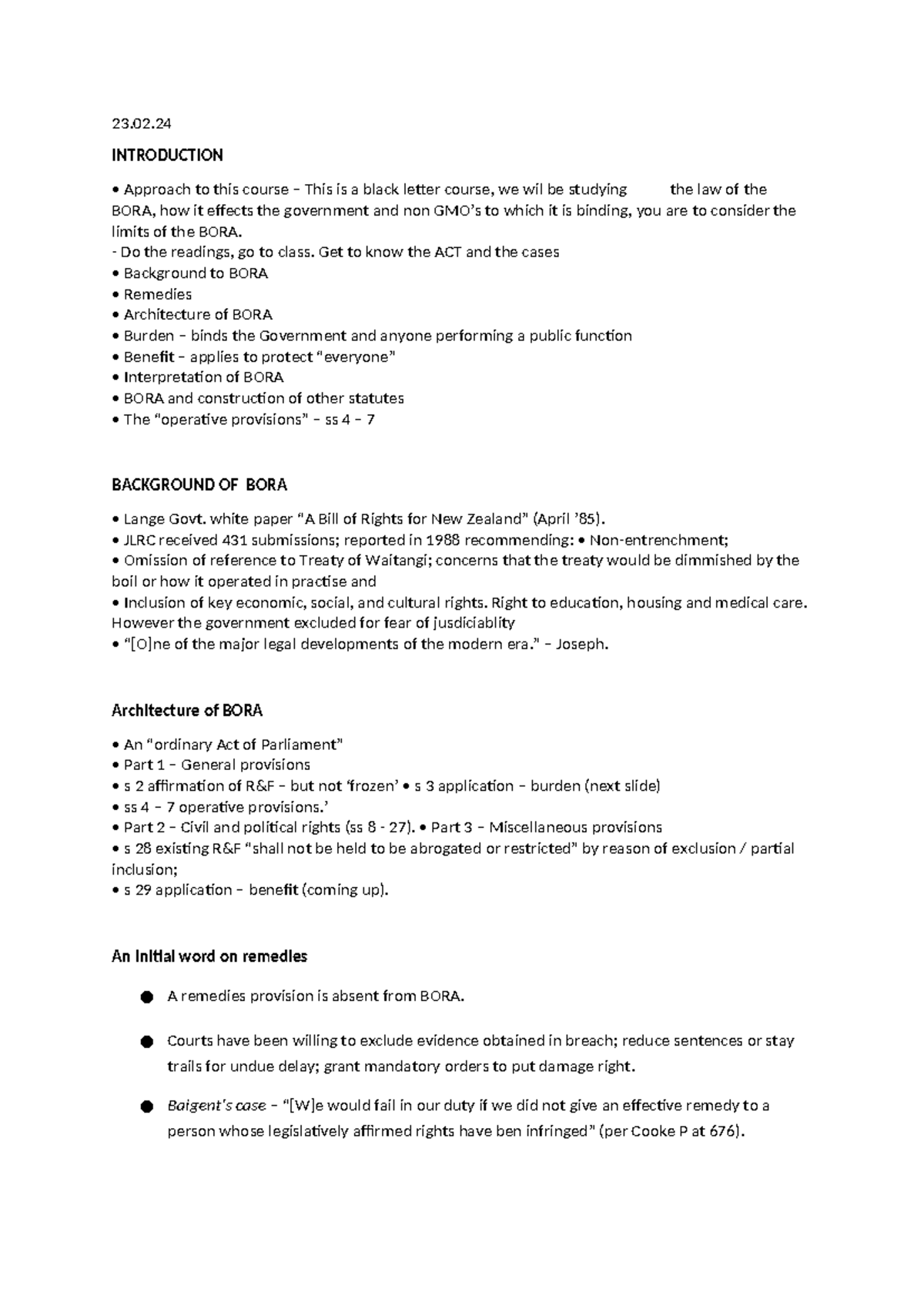 23.02.24 Lecture 1: Introduction to the Bill of Rights Act (BORA) - Studocu