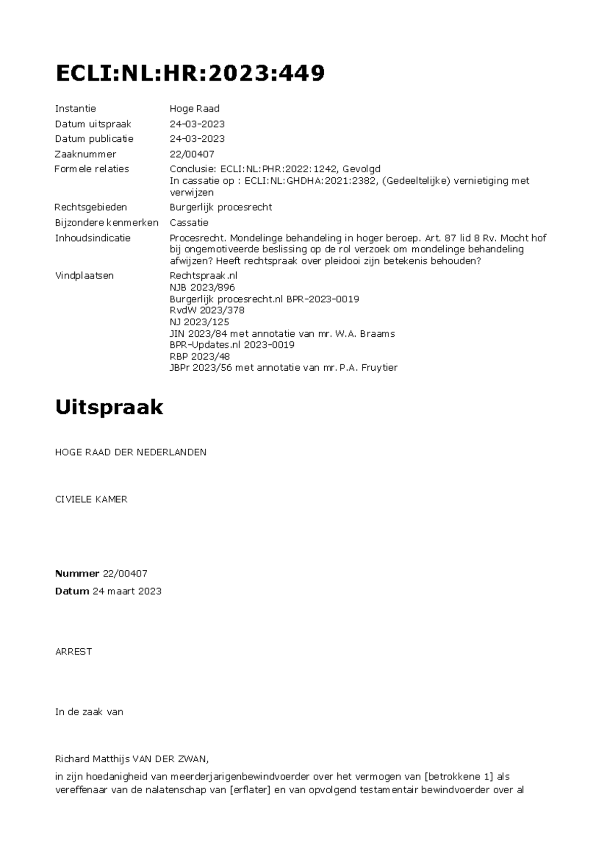 ECLI NL HR 2023 449 - Arrest en Procesrecht in Cassatie - Studeersnel