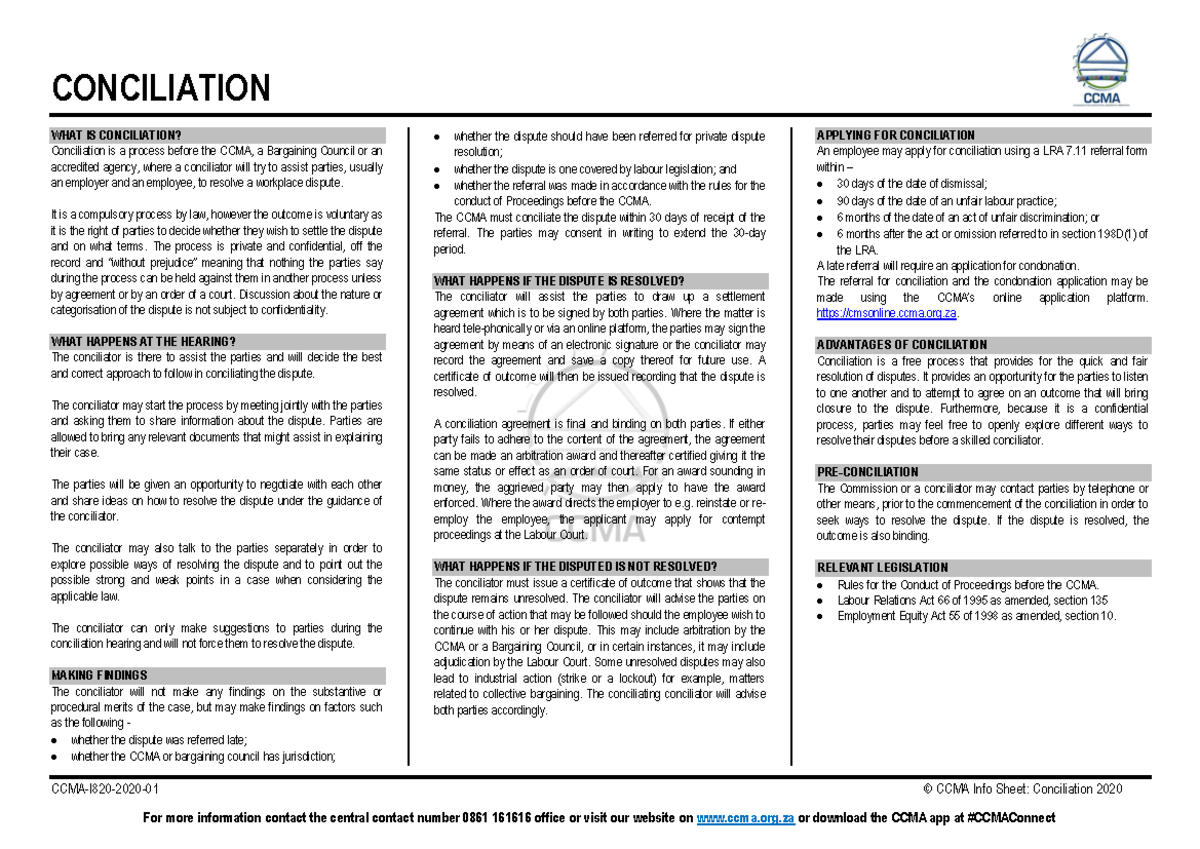 Conciliation Information Sheet 2020 01 - CONCILIATION CCMA-I820- 2020 ...