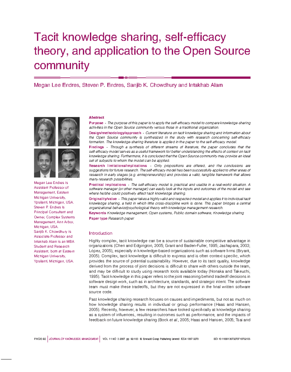 Tacit Knowledge Sharing in Open Source: A Comparative Study (MGT 501 ...