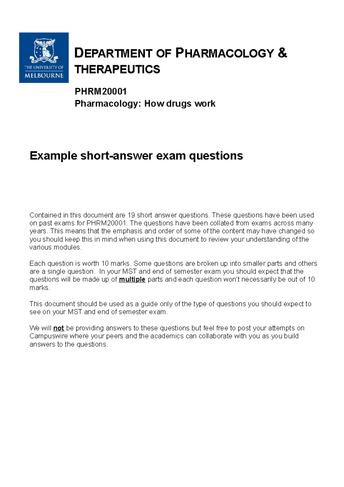 PHRM2000 Example Short-Answer Questions for Exam Prep - 2022 - Studocu