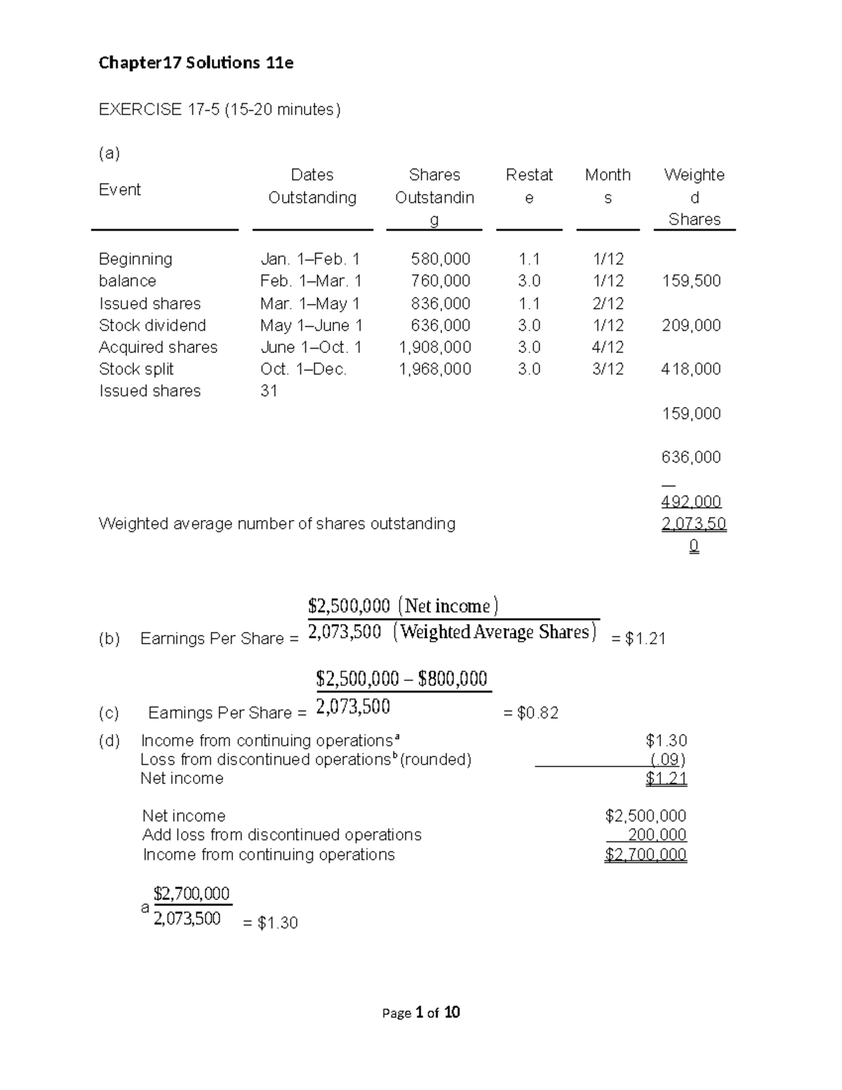 Chapter 17 Solutions for Earnings Per Share Calculations (11e) - Studocu