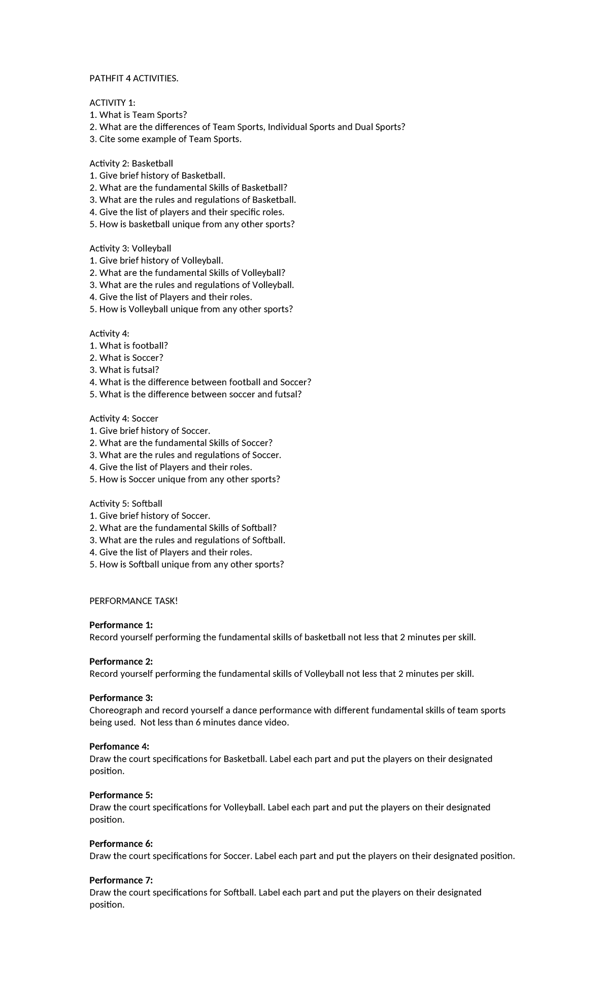 PATHFIT 4: Team Sports Activities and Performance Tasks - Studocu