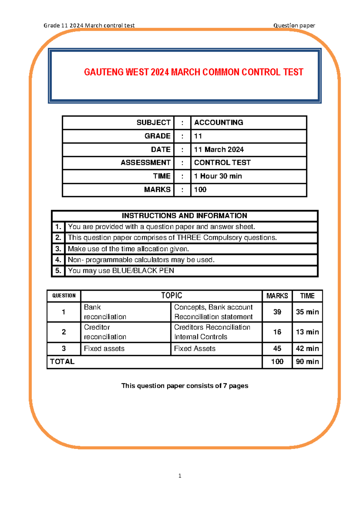 Grade 11 Accounting Control Test March 2024 - Gauteng West - Studocu