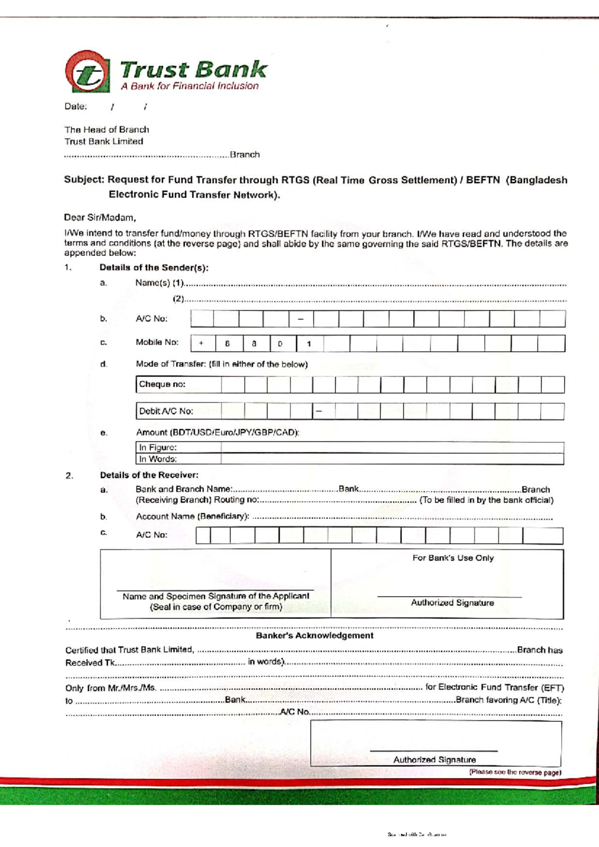 RTGS Fund Transfer Request - Trust Bank Limited - Studocu