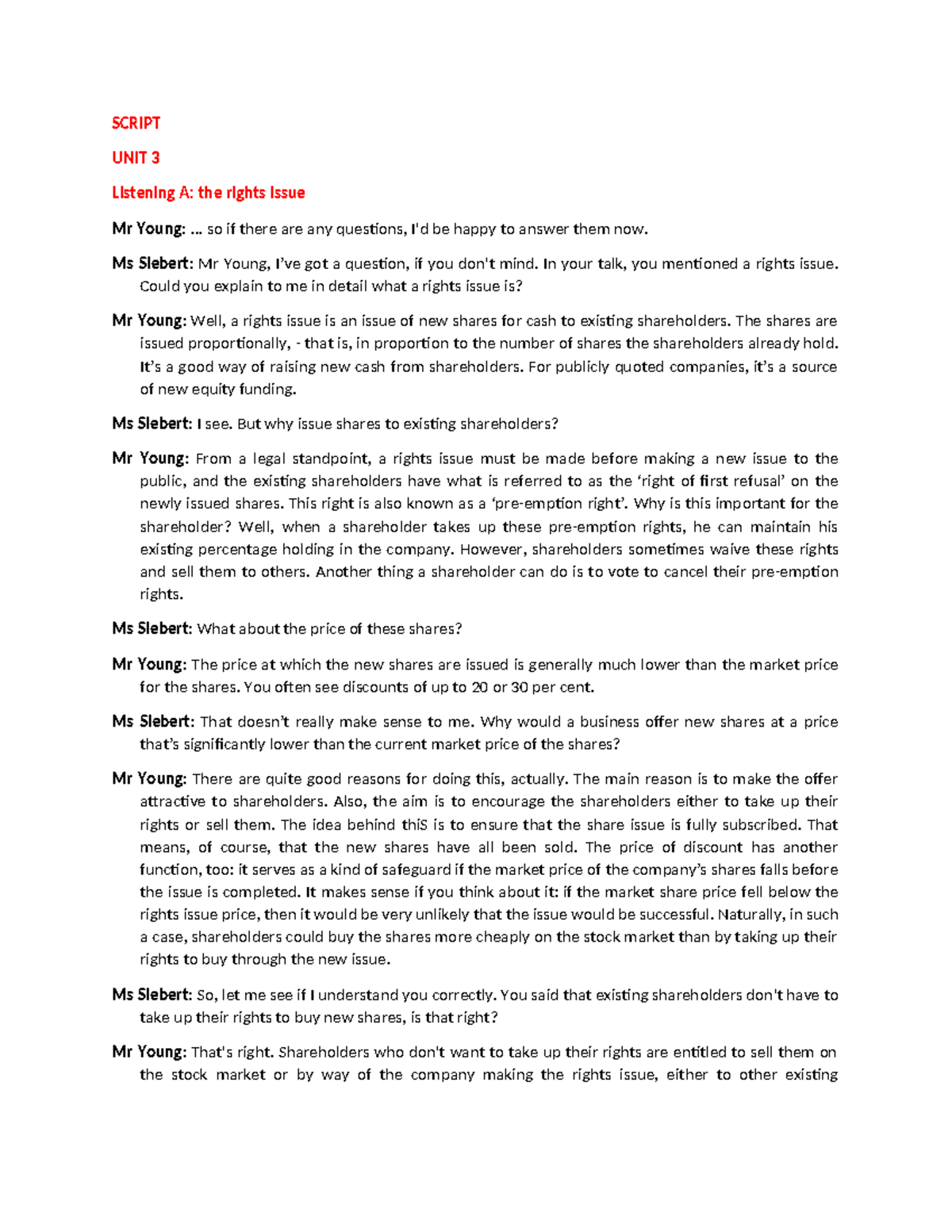 Script S2 - stcrip s2 - SCRIPT UNIT 3 Listening A: the rights issue Mr ...