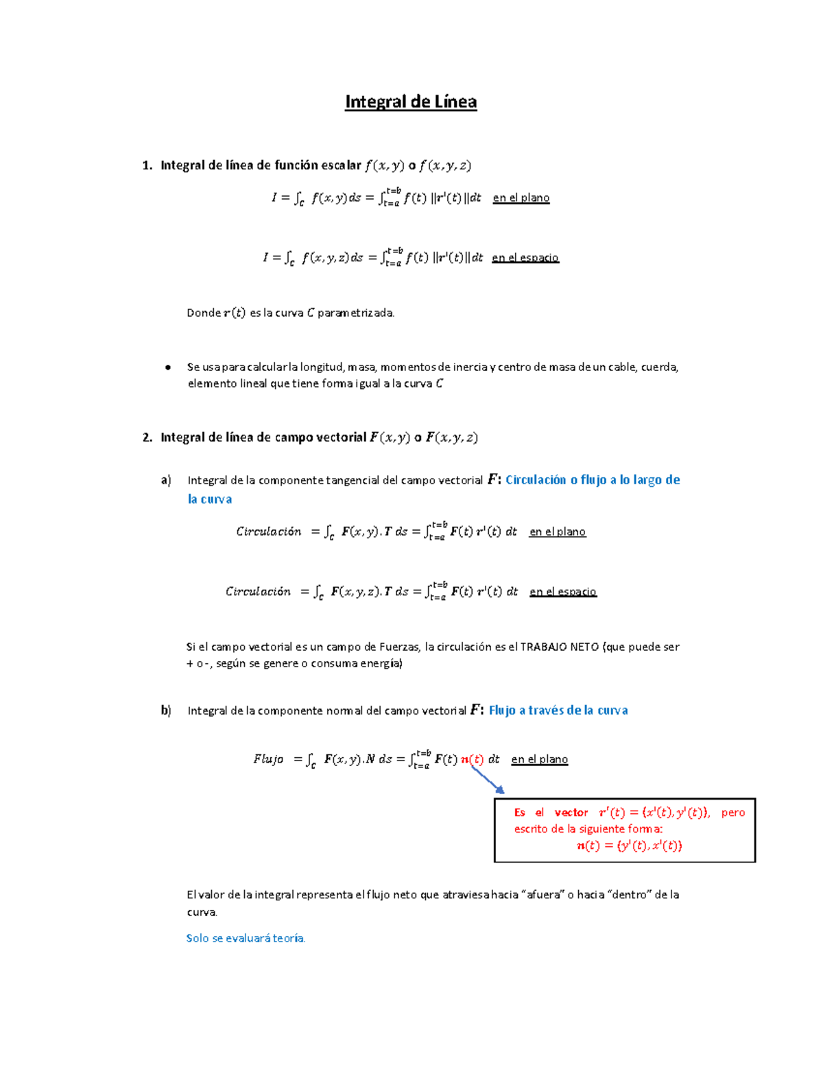 Formulas de Integrales de Línea - Matemáticas I - Studocu