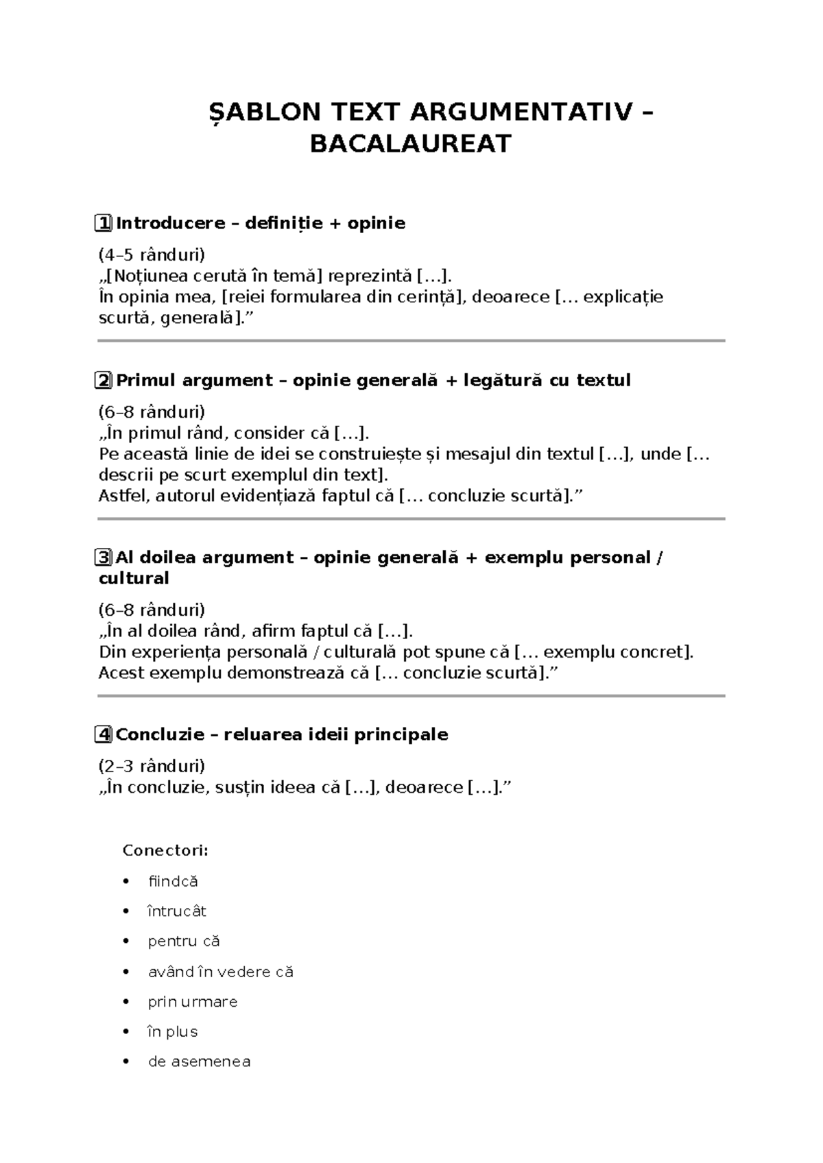 ȘABLON TEXT ARGUMENTATIV BACALAUREAT: Structură și Exemple - Studocu