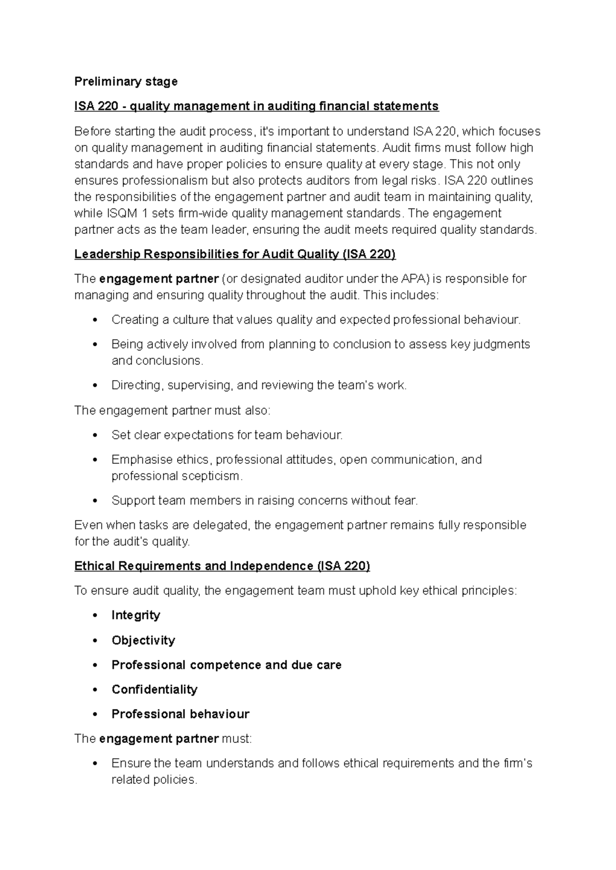 Preliminary Engagement Procedures for ISA 220 Quality Management in ...